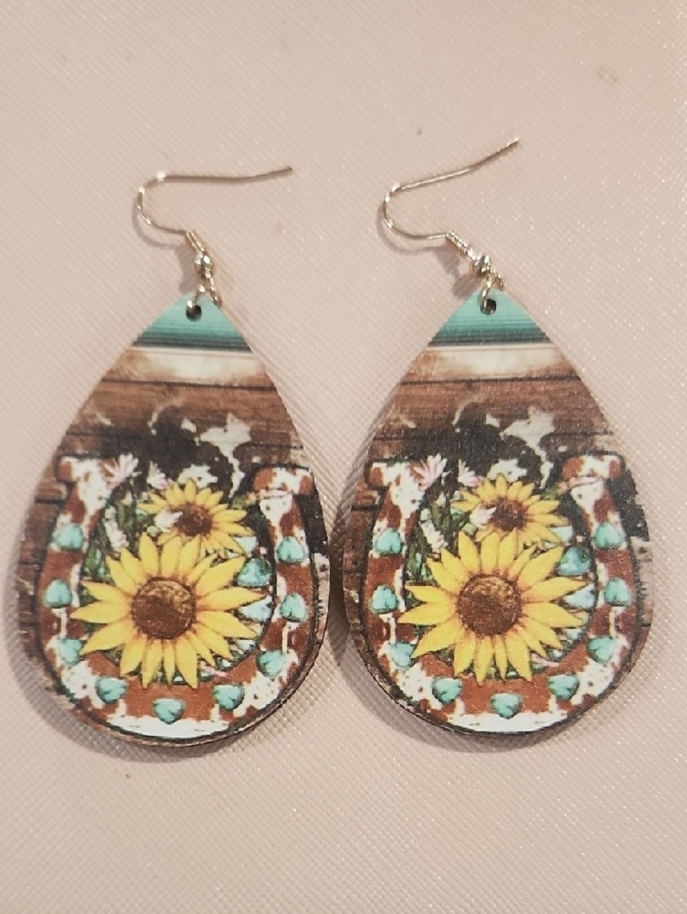 Wooden Sunflower Teardrop Dangle Earrings - Turquoise & Yellow. Love These! - Picture 3 of 3